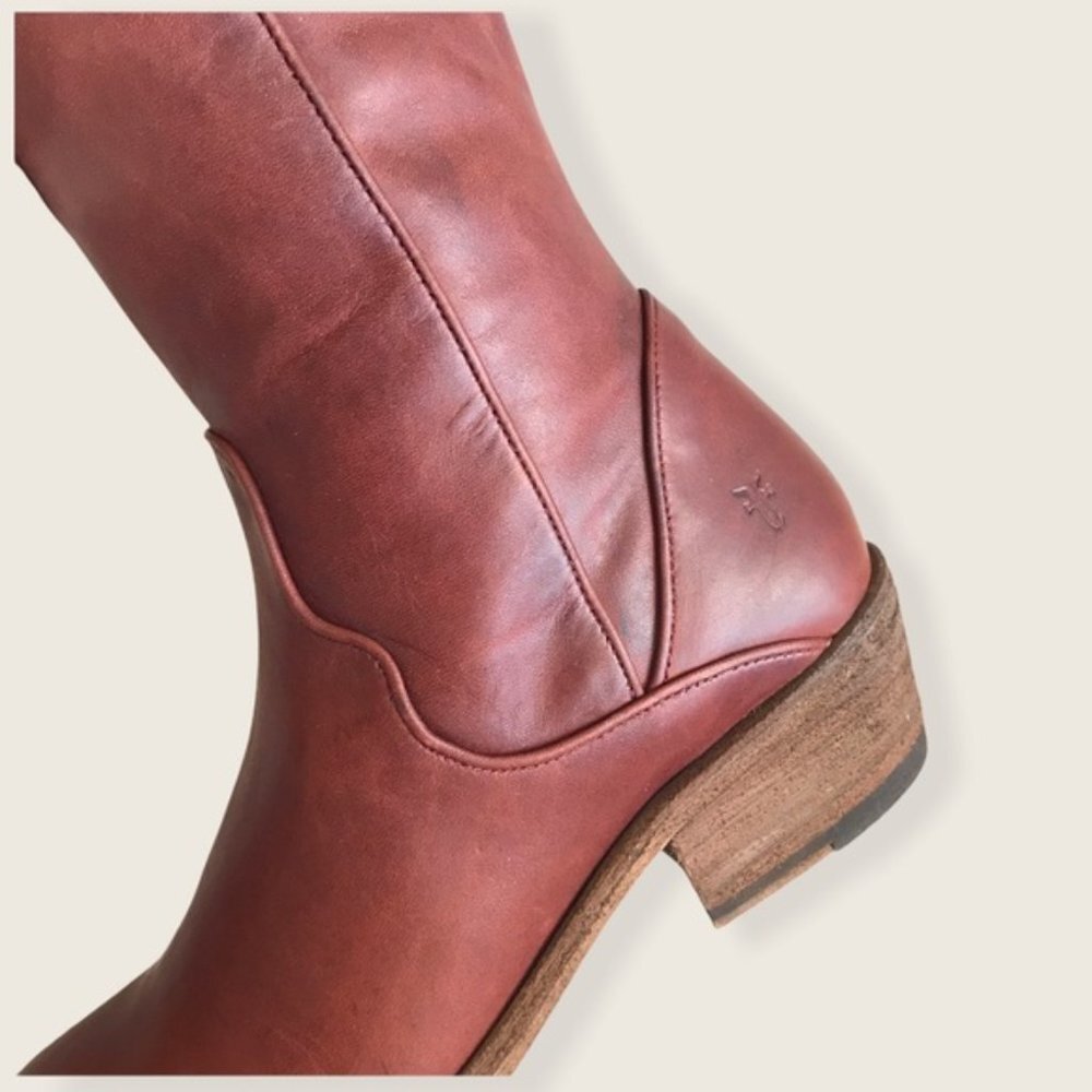 $429 Frye Carson Piping Redwood Mahogany Brown Real Leather Tall Riding Boot - Picture 12 of 13